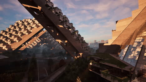 paisaje urbano futurista con edificios geométricos