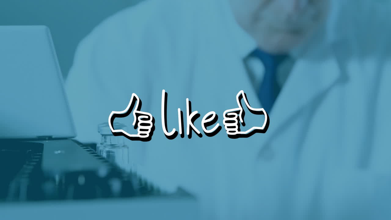 Animation of thumbs up and like text while person working at computer in school