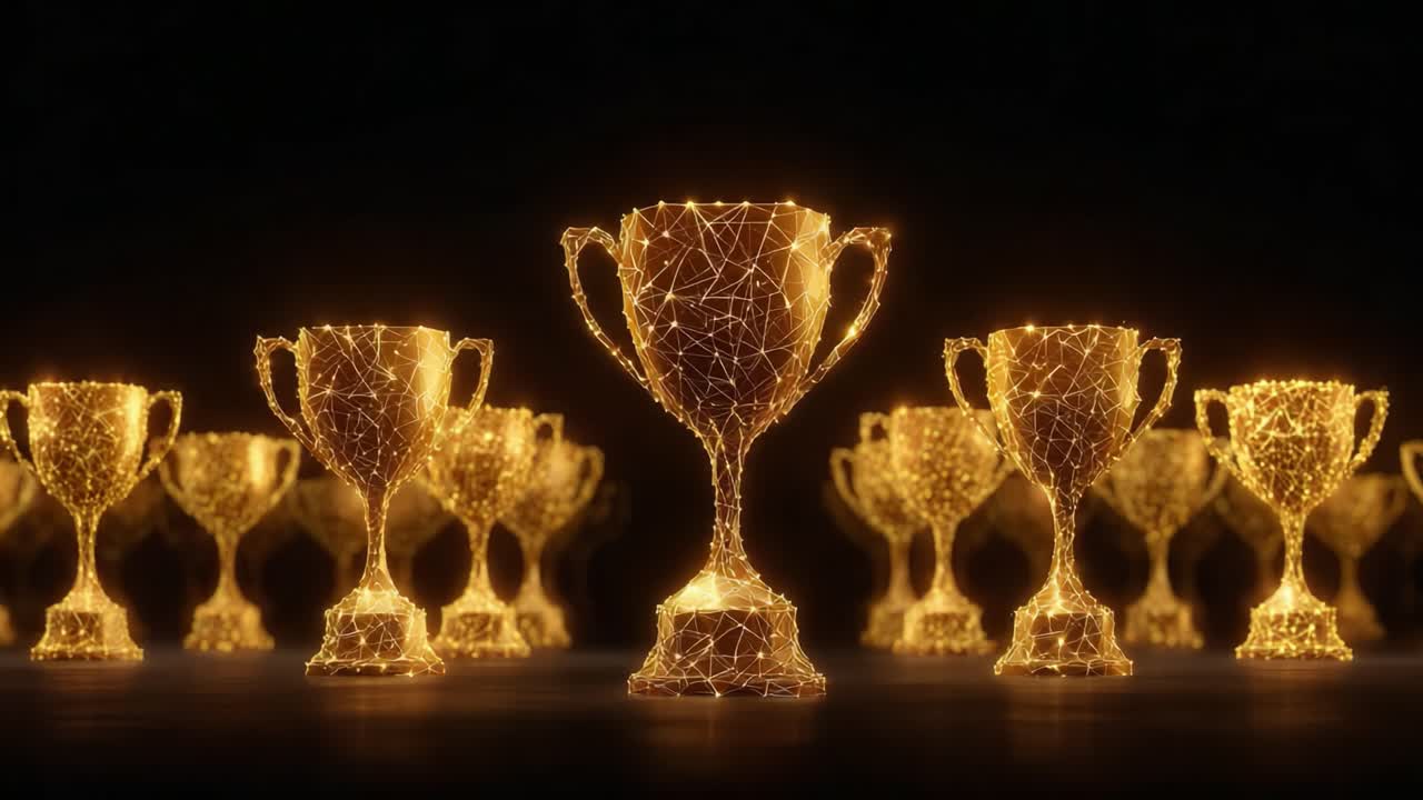 Illuminated Golden Trophies: A Stunning Visual Journey Through the World of Achievement and Recognition, Showcasing Intricate Designs and Dazzling Glow
