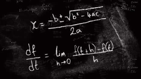 animation of mathematical equations and formulas floating against black chalkboard background