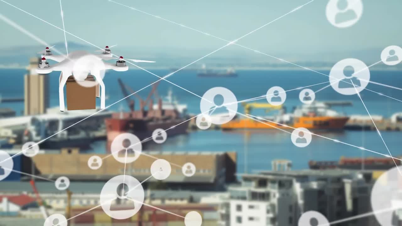 패키지와 함께 배달 드론을 통해 아이콘과 연결 네트워크의 애니메이션