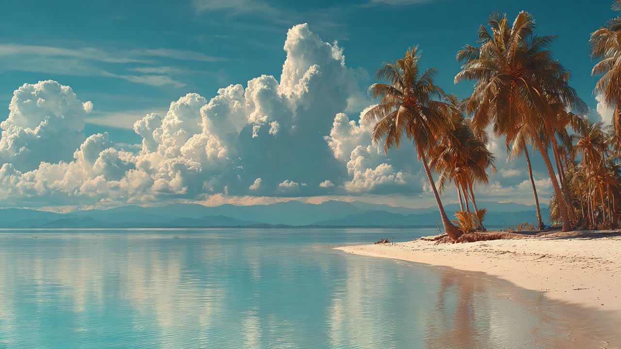 Splendida scena di spiaggia tropicale con palme rigogliose, acqua cristallina e nuvole drammatiche che si riflettono in un paesaggio marino sereno sotto un cielo pittoresco.