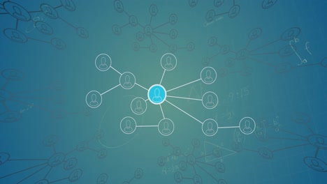 animation of network of connections with icons over mathematical equations on blue background