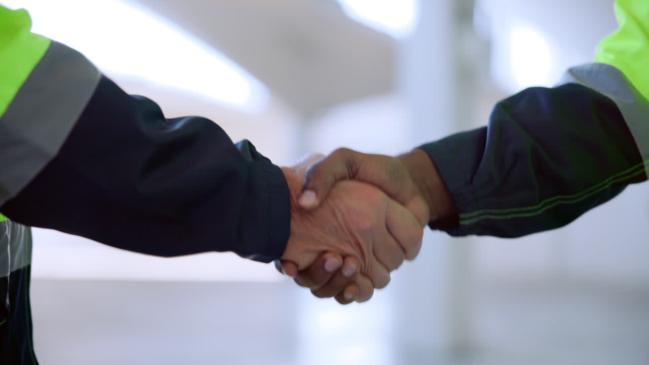 Handshake between two workers in safety vests