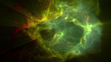 3d rendered animation of a green-colored nebula or galaxy with red and yellow gas streaks in outer deep interstellar space universe with black background