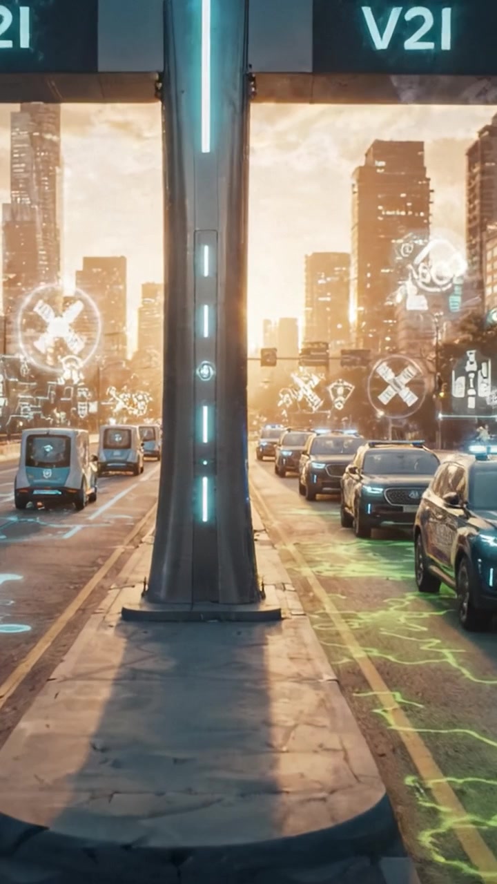 Enchanting urban landscape displaying advanced traffic management technology, illuminating vehicles on a bustling city road during a vibrant sunset.