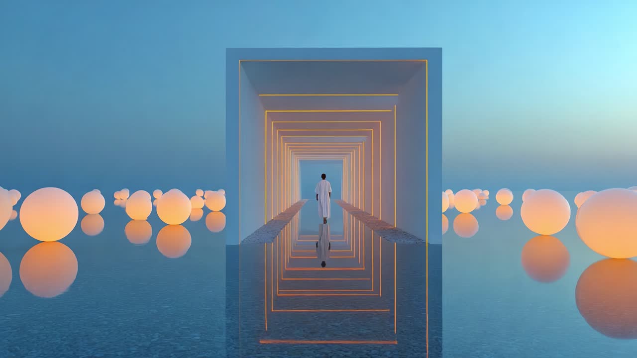 A serene figure walks through a mesmerizing corridor of illuminated arches, surrounded by glowing orbs reflecting beautifully on the tranquil water surface, evoking a sense of calm and wonder