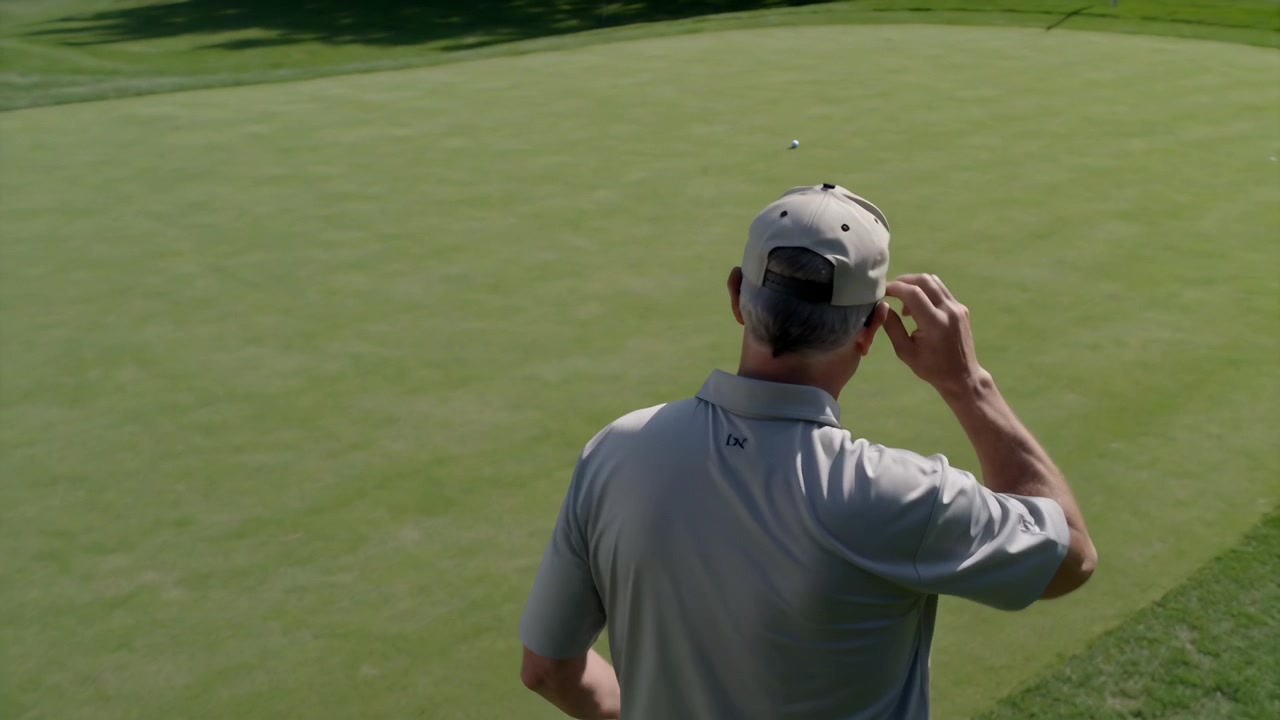 İki golf topunu fark eden, gri pololu adam şapkasını ayarlıyor, putter'ı hizalıyor ve yeşil sahada vuruşa hazırlanıyor.