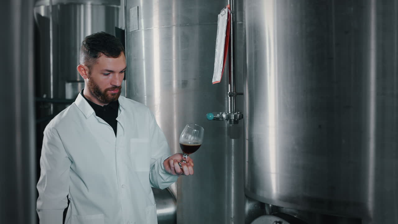 맥주 를 맛보는 맥주 공장 노동자