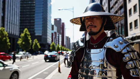 man in samurai armor in a city street