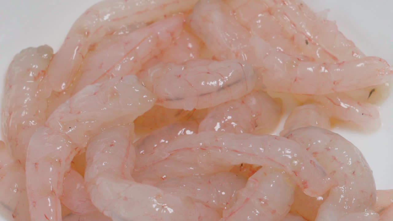 흰색 배경에 원시 핑크 새우, 근접 촬영 느린 팬 오른쪽