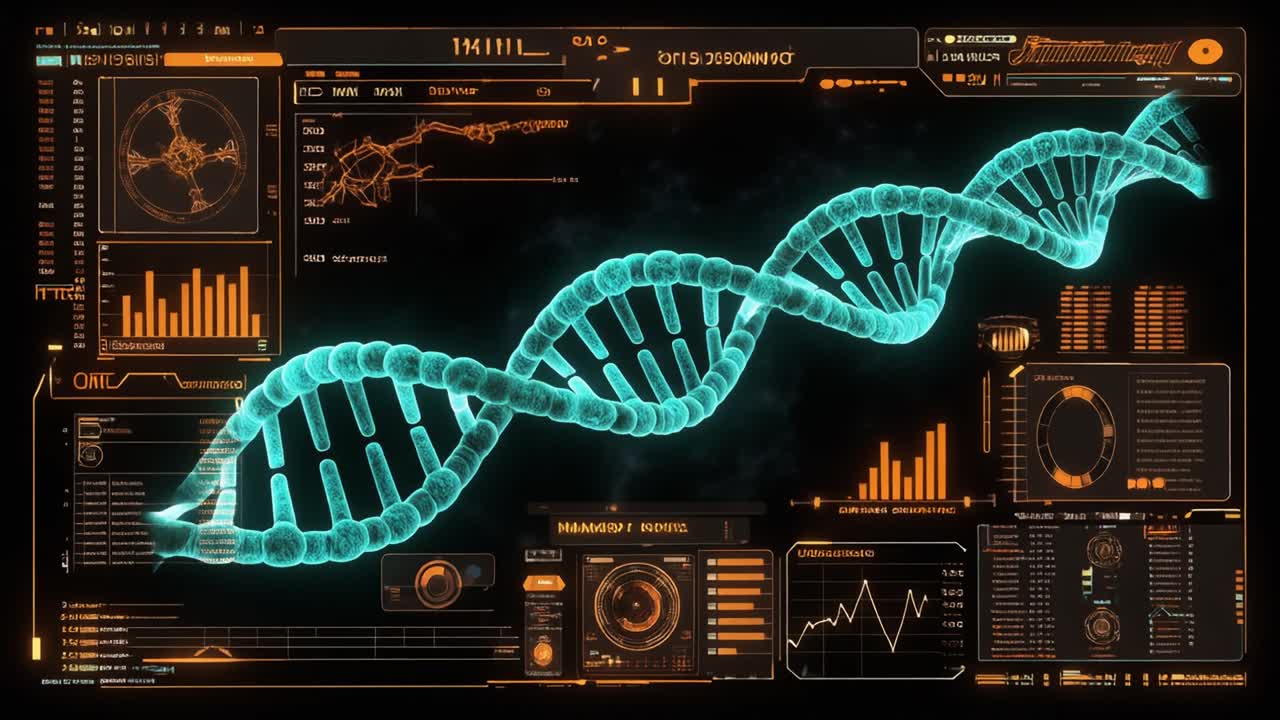 Futuristic DNA Helix Animation with Digital HUD Elements