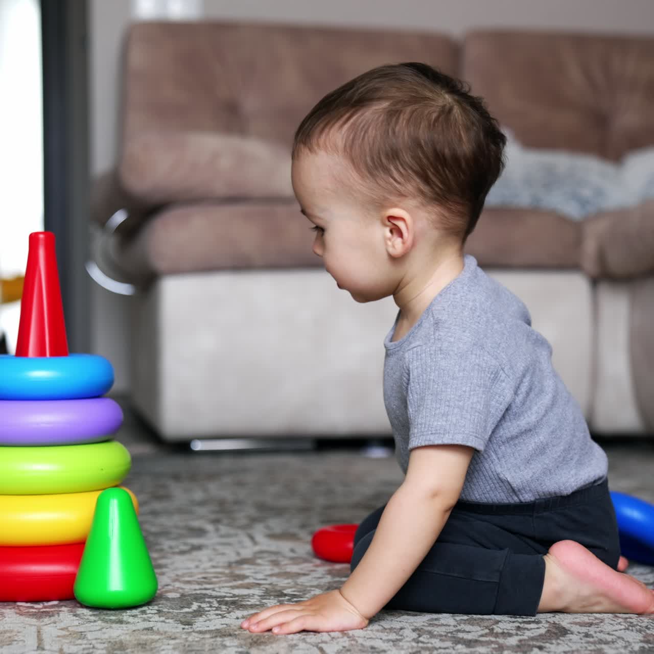 Lovely kid disassembles colorful toy pyramid sitting on the floor. Black cat sit nearby watching the boy