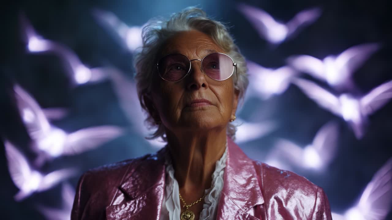 Un'anziana donna sicura di sé, con un'elegante giacca rosa lucida, guarda in lontananza, circondata da eterei uccelli luminosi, emanando un senso di saggezza e forza in un ambiente visivamente sorprendente