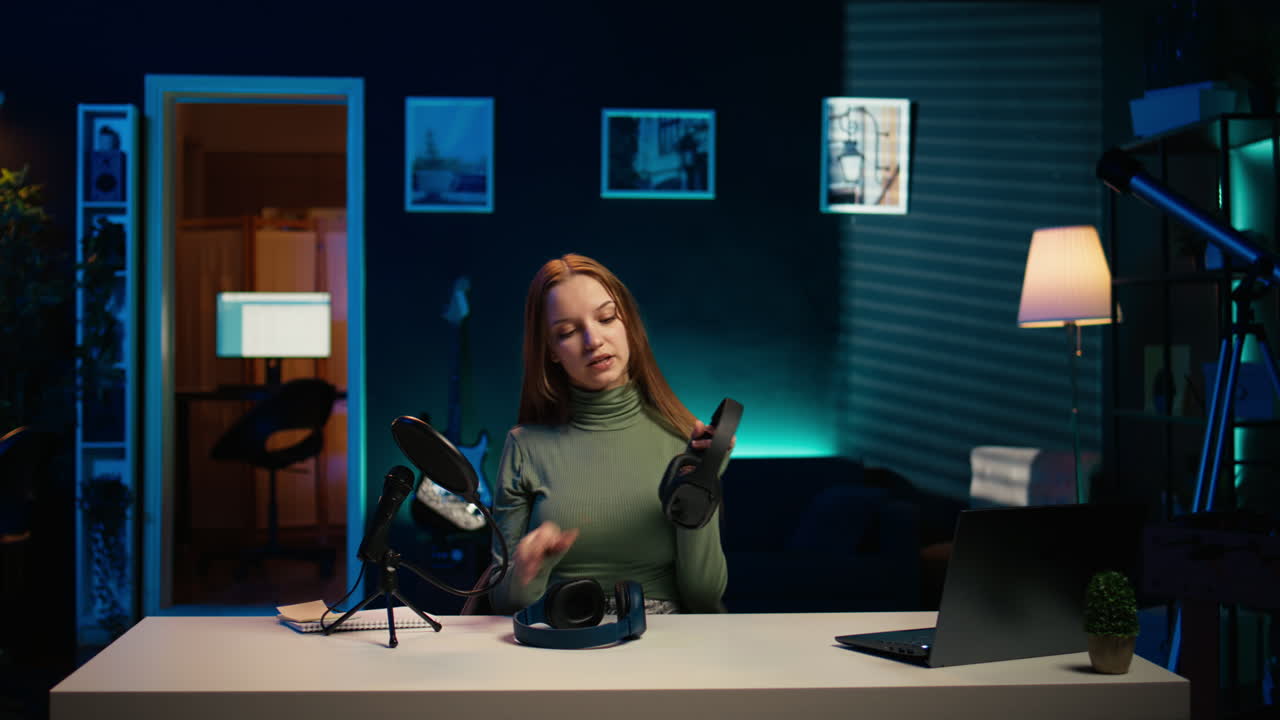 헤드폰을 착용 한 소녀가 좋아하는 아티스트의 새로운 앨범을 듣고 촬영하고 있습니다.