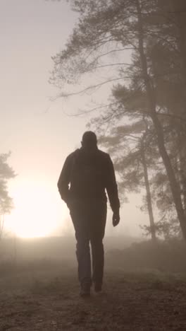 man walking in a foggy forest at sunrise