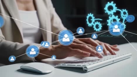 woman typing on keyboard with social icons