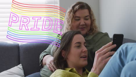 Animation-of-pride-over-lesbian-couple-using-smartphone