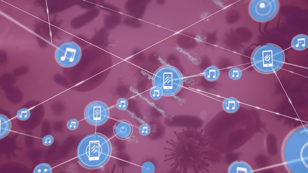 animación de la red de conexiones con iconos y células de covid 19 en fondo rojo