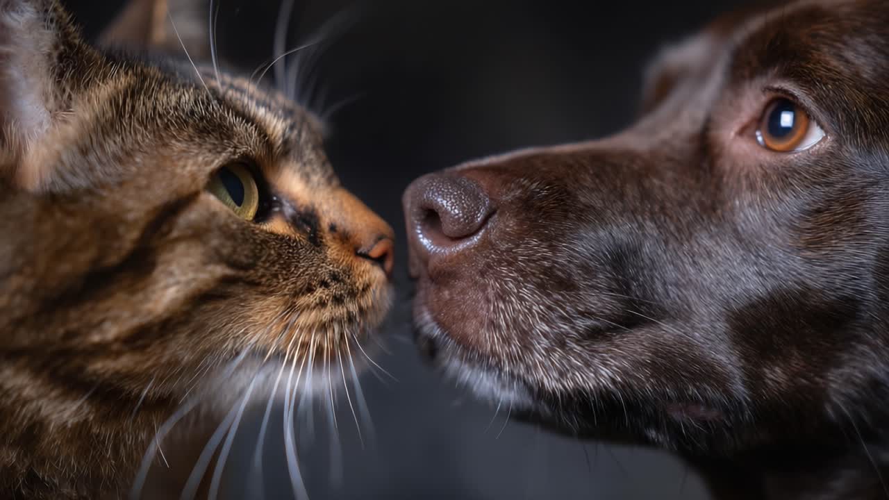 Momento intimo tra un gatto e un cane che mette in risalto il loro rapporto unico in un incontro ravvicinato