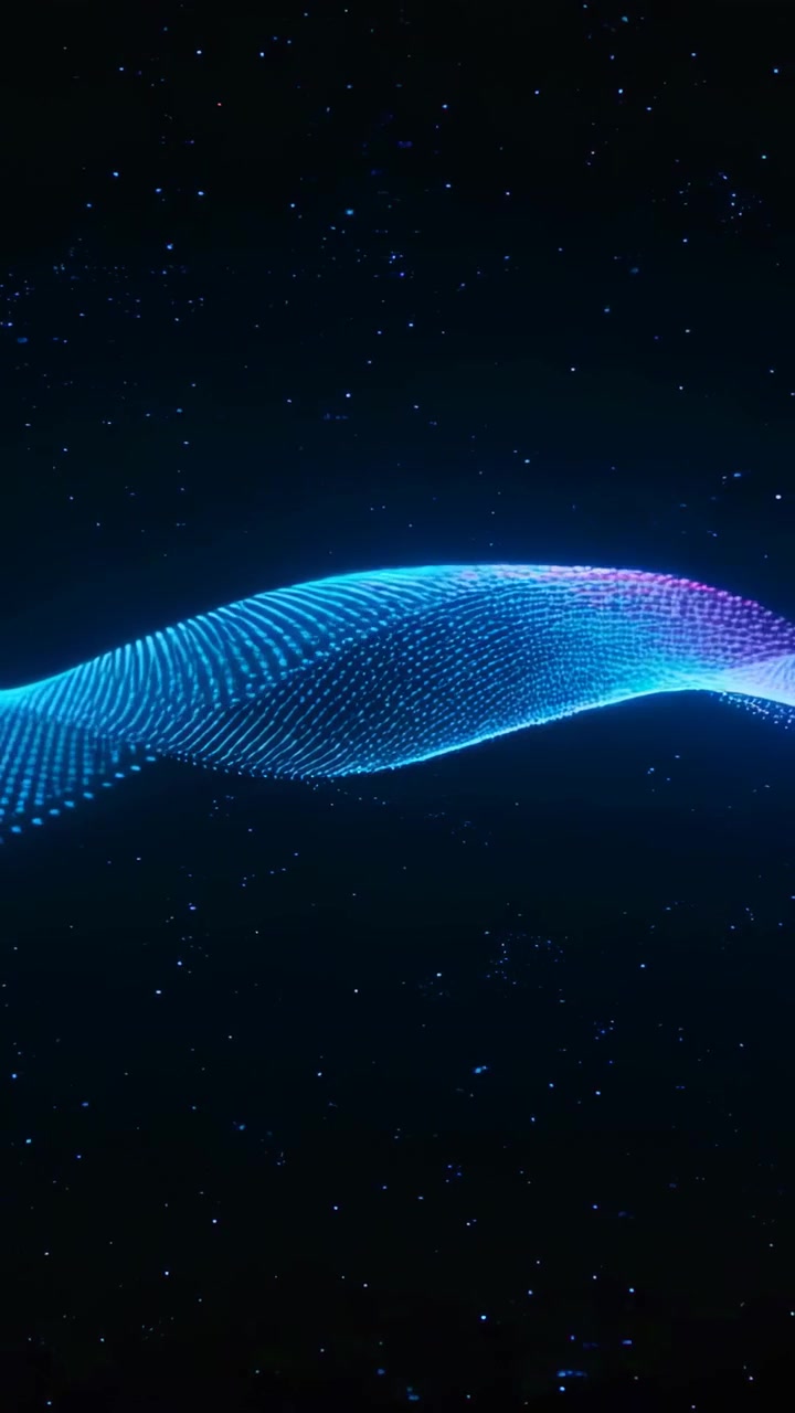 Vertical video: Starting play ribbon of dots waving right in starry field, cyan magenta colors