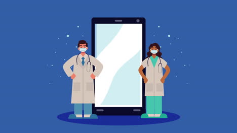 doctors couple with smartphone characters