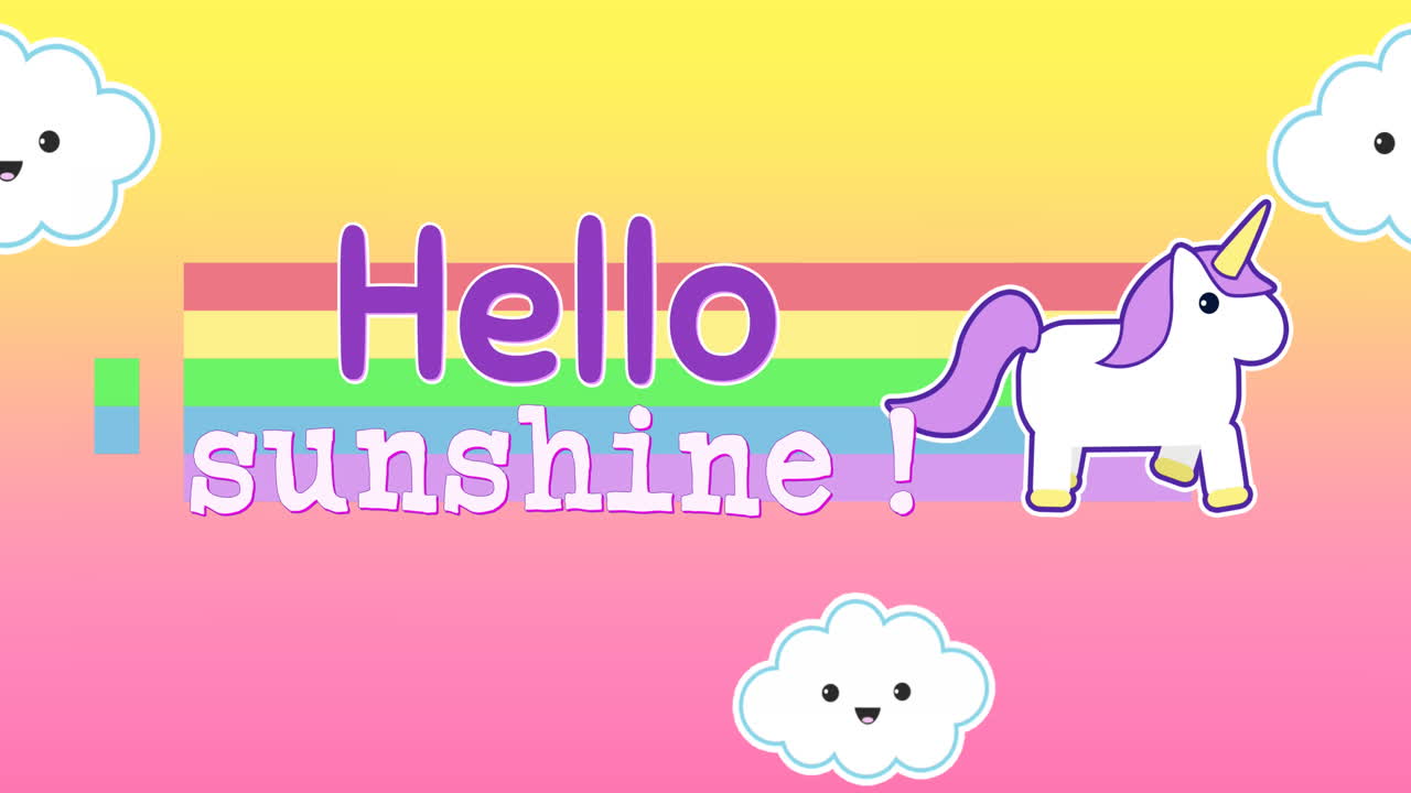 animación de las palabras hello sol apareciendo con unicornio 4k