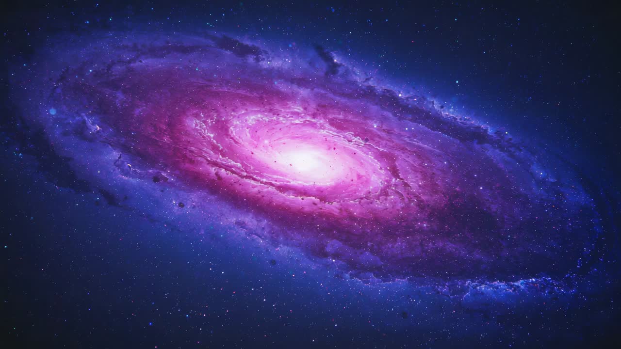 Frames, die sich vorwärts bewegen und eine Spiralgalaxie zeigen, die pulsiert, während sie sich im Weltraum mit rosafarbenem Kern und magentafarbenen Armen dreht