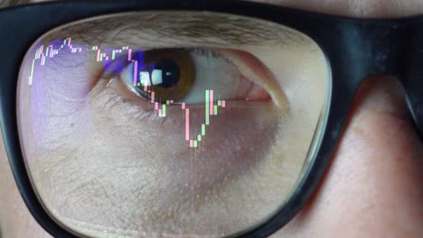 trading charts of stocks and forex with candlesticks is reflected in the one side of the glasses of a middle-aged caucasian man focusing on what is happening