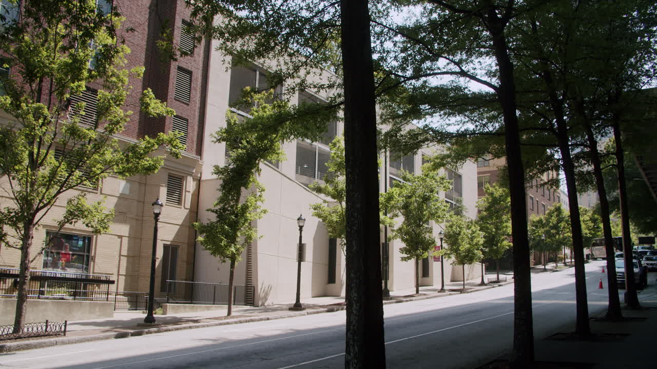 City Street with Parking Garage and Trees