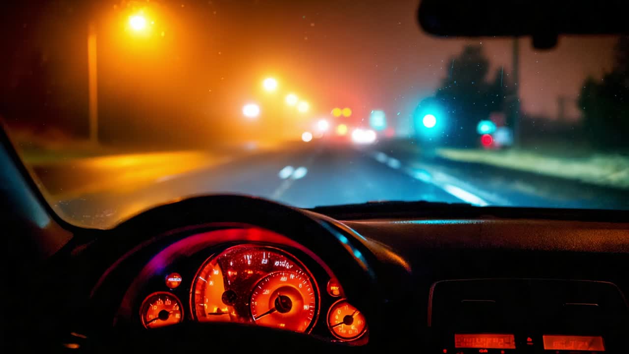 Captivating Night Drive Through Foggy Roads: A Driver's Perspective Featuring Illuminated Dashboard Gauges and Blurred Headlights in the Misty Atmosphere