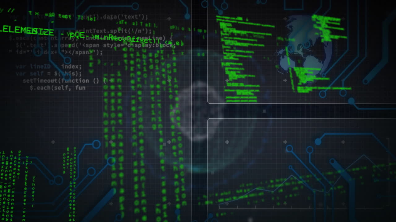 Digital data and coding animation over world map and network connections