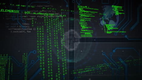 digital data and coding animation over world map and network connections