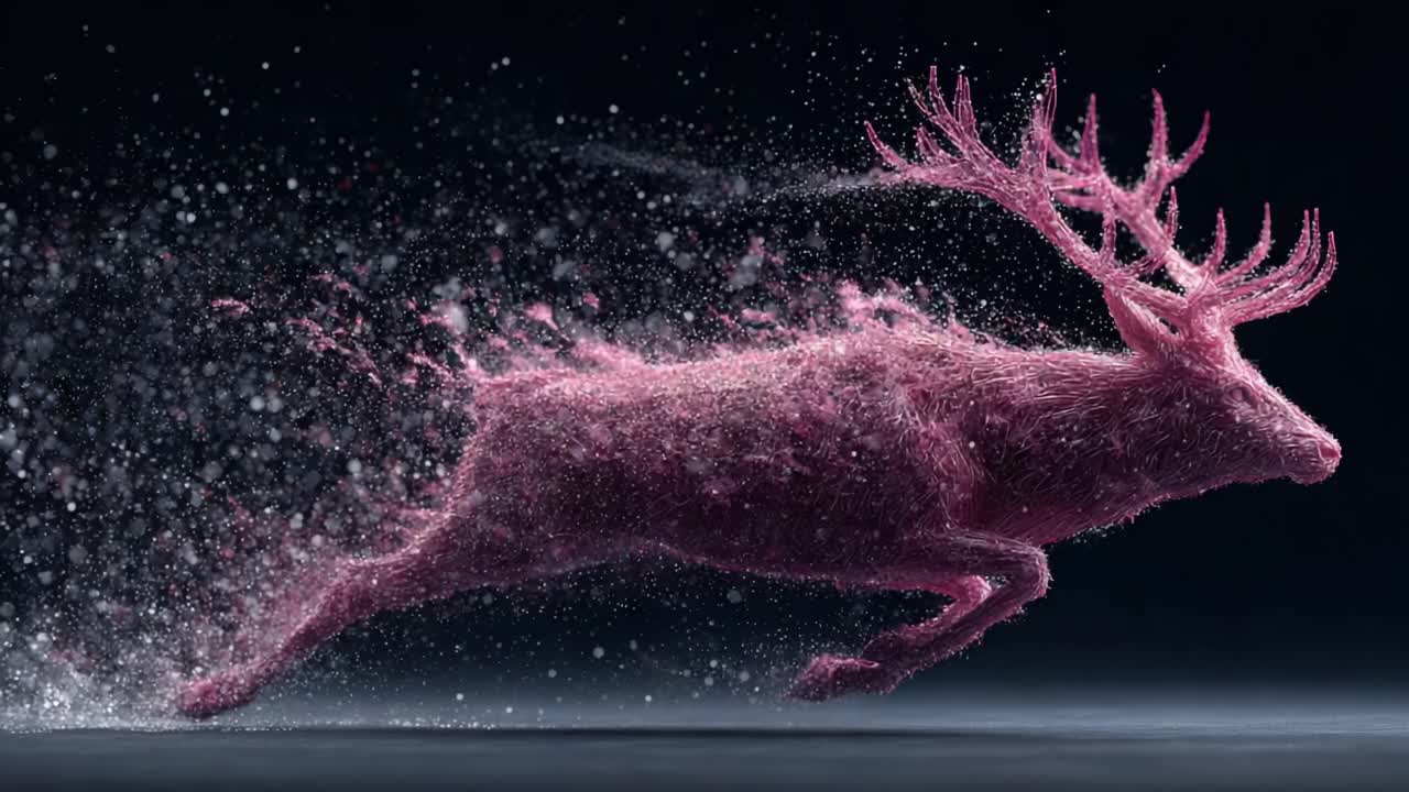 Un magico cervo rosa che galoppa attraverso una nuvola di polvere scintillante, catturando l'essenza della velocità e della grazia in un ambiente oscuro ed etereo