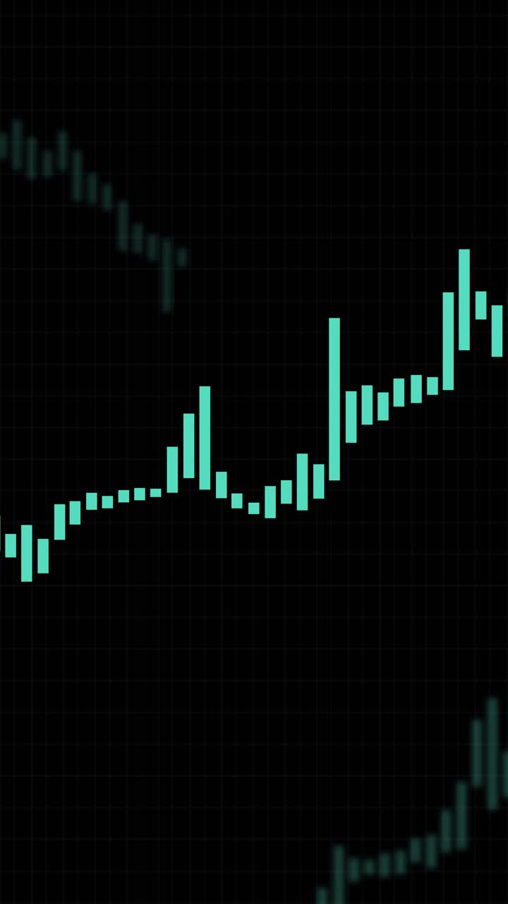 Neonblåt søjlediagram animeres opad på et mørkt gitter, simulerende finansmarkedets vækst og volatilitet.