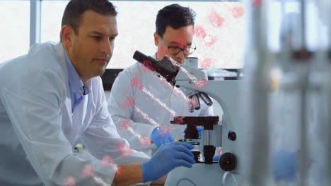 examining samples, scientists with dna strand animation overlaying microscope in lab