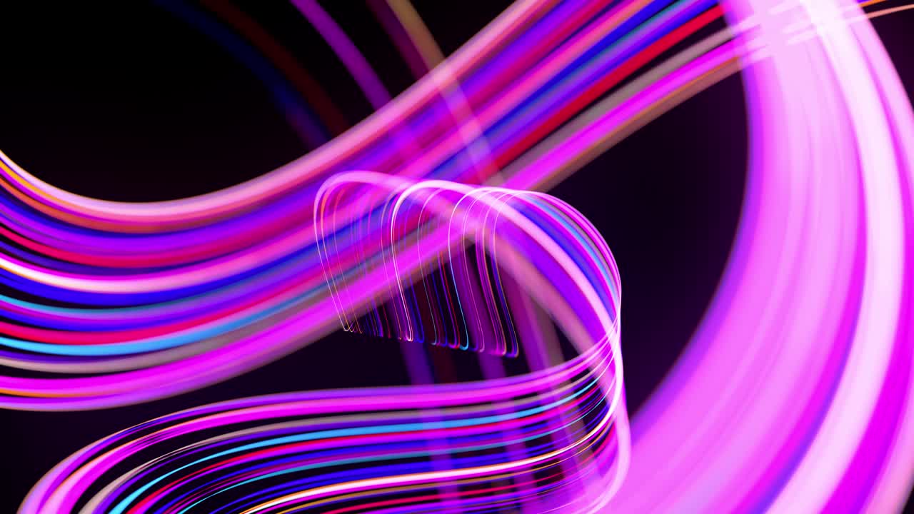 gráficos de movimiento, ciencia ficción bg. flujo de líneas de neón multicolor forman forma de espiral, rizos y patrón. fondo abstracto con senderos de luz, fondo de diseño de movimiento moderno de moda. flujo de luz bg en 4k.