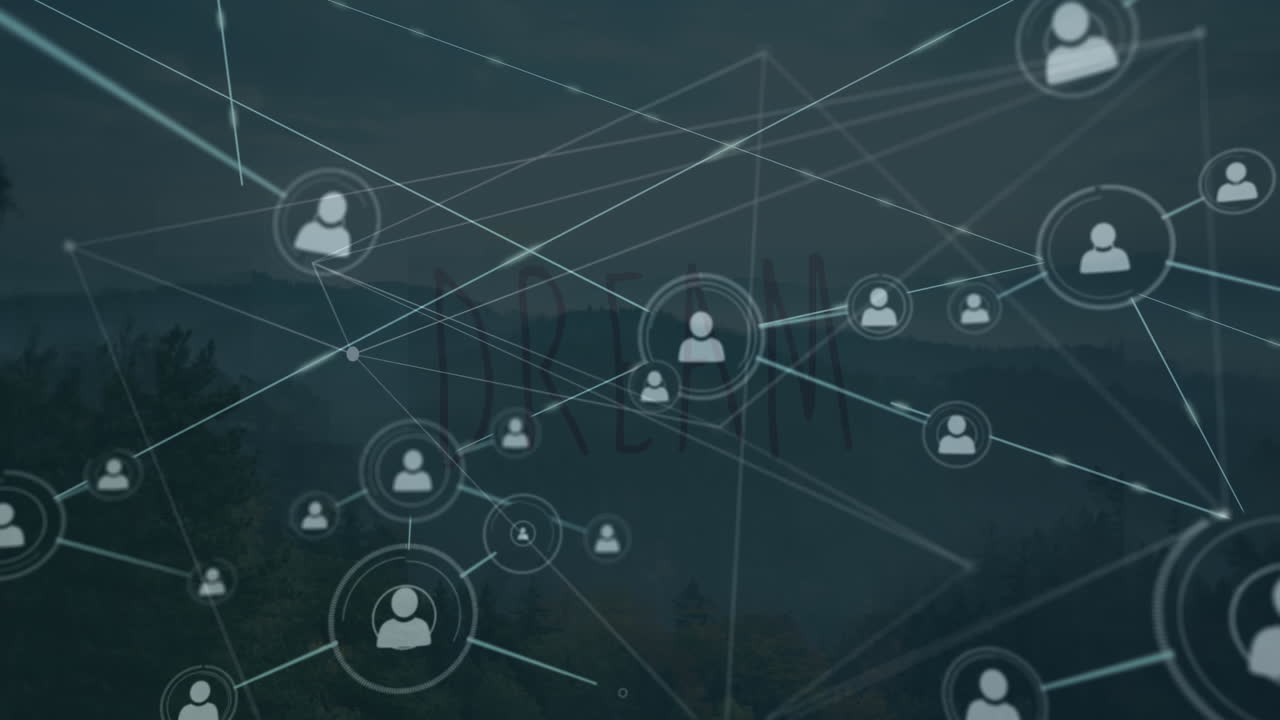 animación del texto del sueño y red de conexiones sobre el paisaje