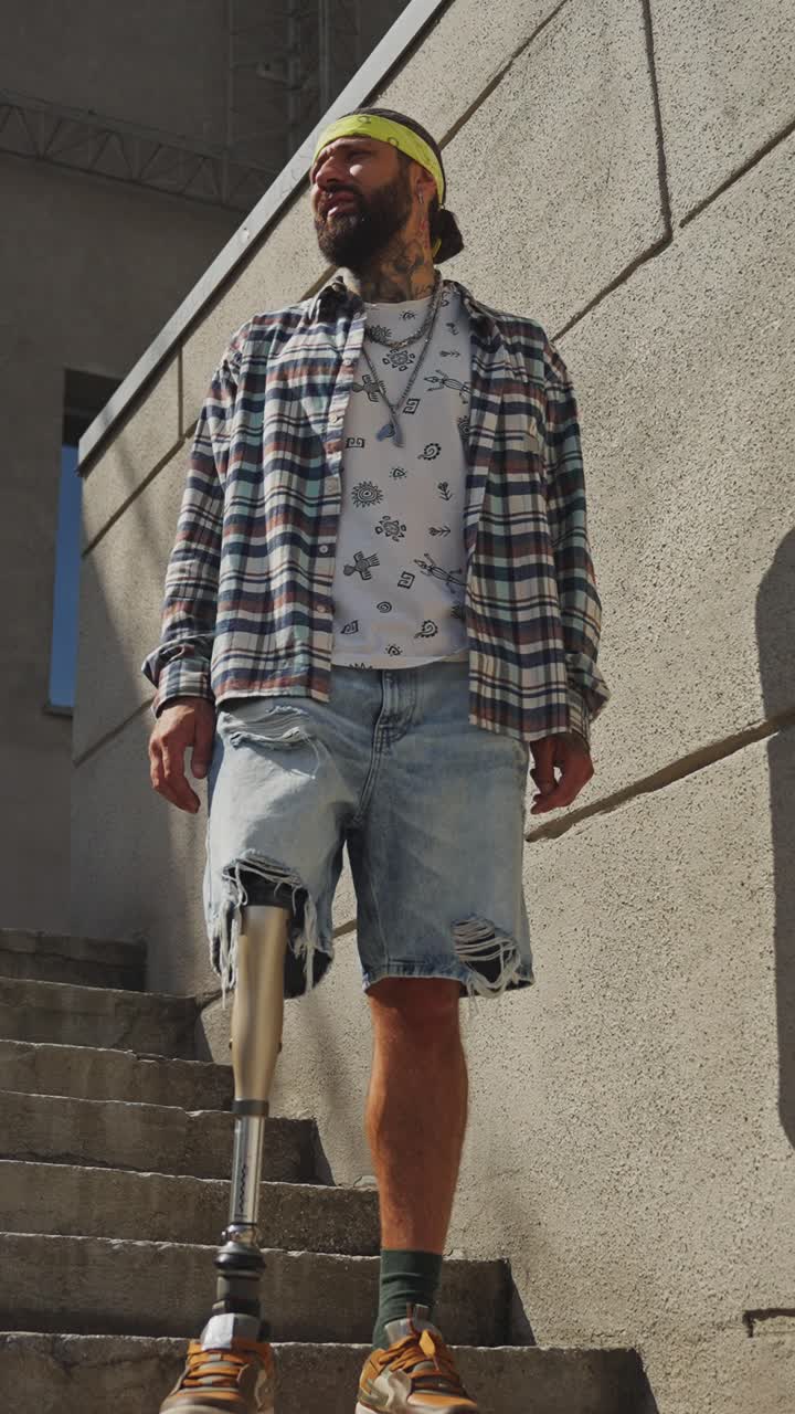 hombre con pierna protésica subiendo escaleras