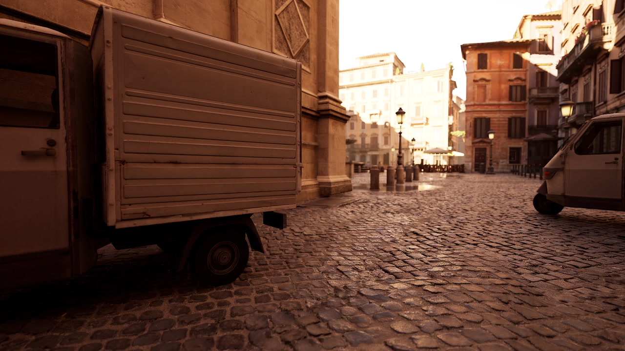 Serene urban pathway featuring weathered facades and warm late afternoon glow