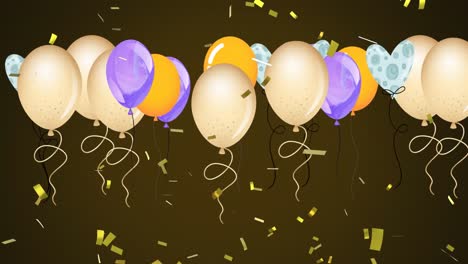 animation of colorful balloons flying and falling confetti over dark background