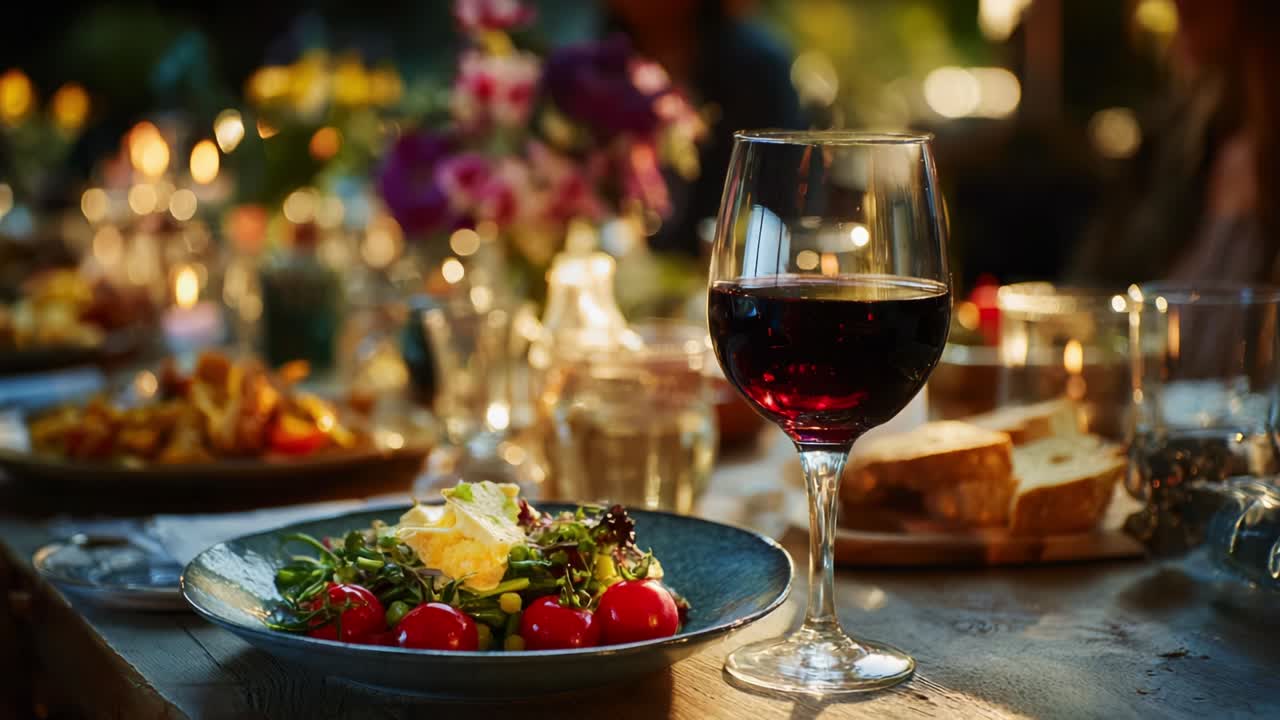 A Beautifully Set Table Capturing the Essence of a Cozy Outdoor Dining Experience with Fresh Salad, Warm Bread, and a Glass of Red Wine Surrounded by Candlelight and Floral Arrangements