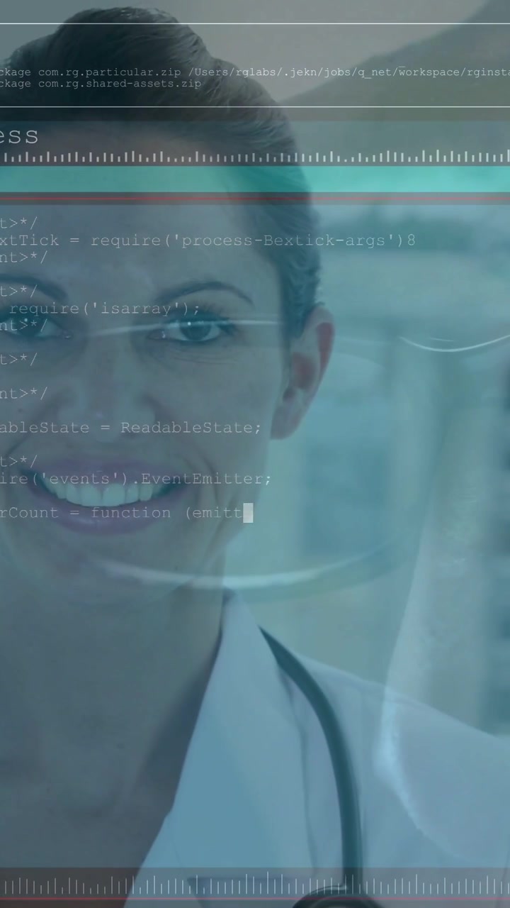 Video verticale: Dottoressa che sorride, con la telecamera che si alza rivelando uno stetoscopio e scansioni HUD che mostrano dati.