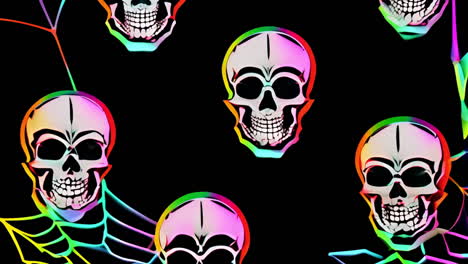 vibrant neon skulls and spiderwebs on black background