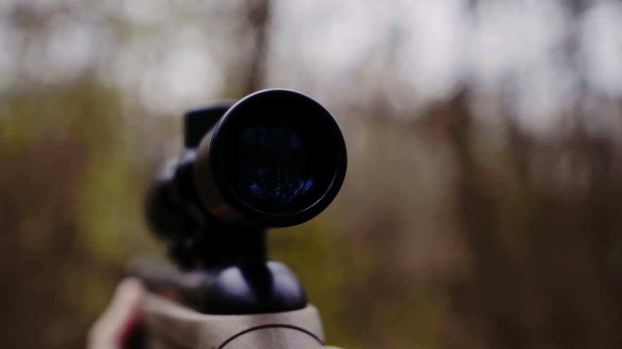 Hunter with gun on forest. Close up of the hunter man shooting with hunting rifle on nature