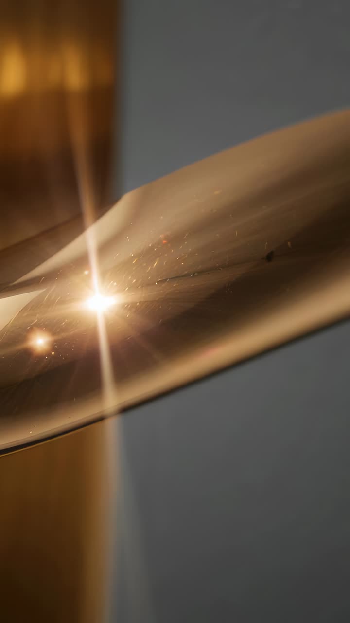 Vertical video: Sliding starburst driving golden ribbon flowing right in studio, revealing sparkles