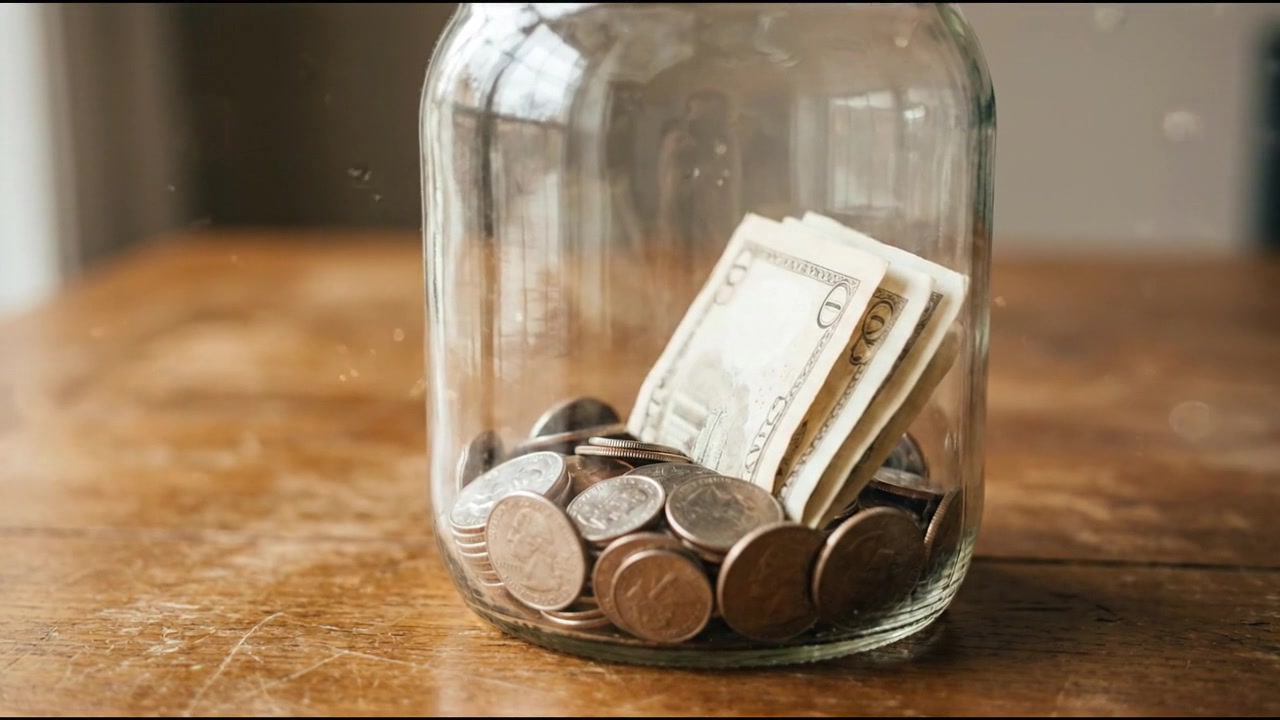 Glass Jar Filled With US Coins and Paper Money on Wooden Table