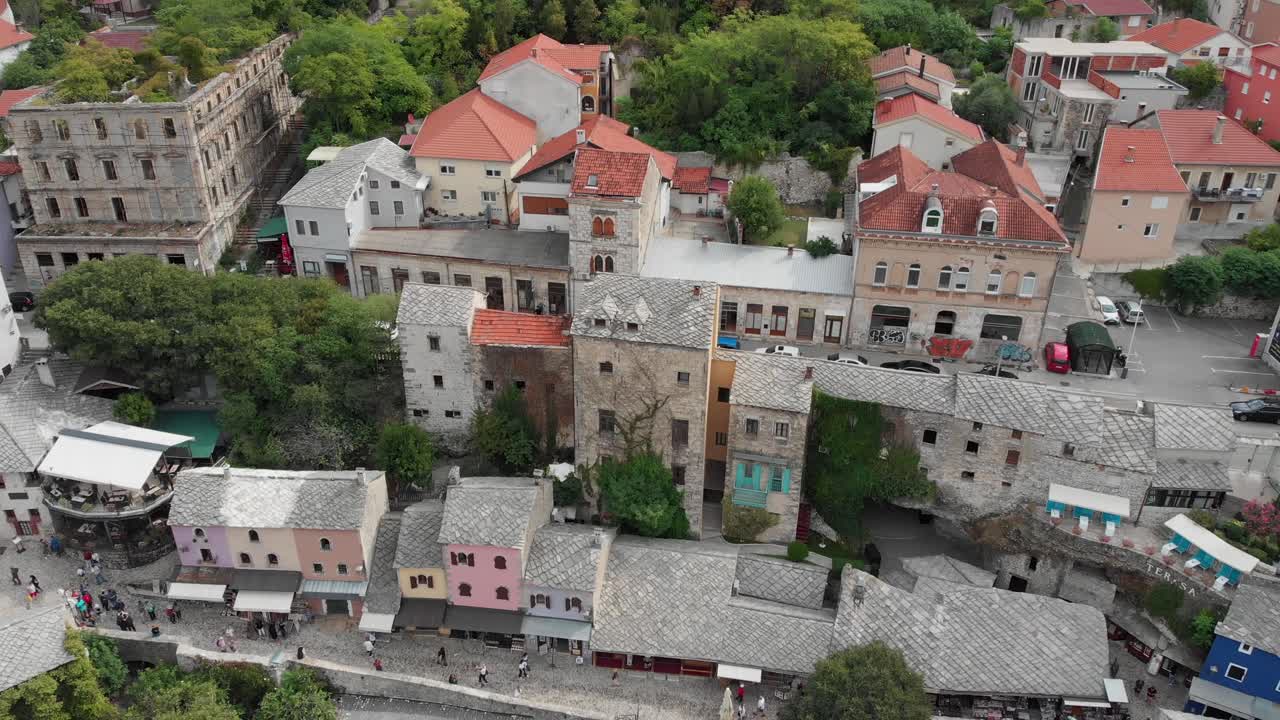 Aerial: Mostar old town lateral drone movement