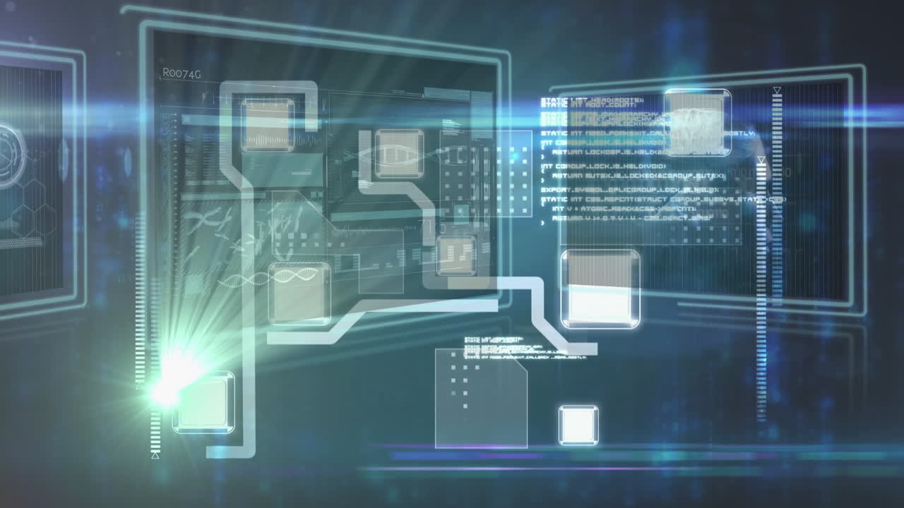 Animation of data processing over screens on dark background