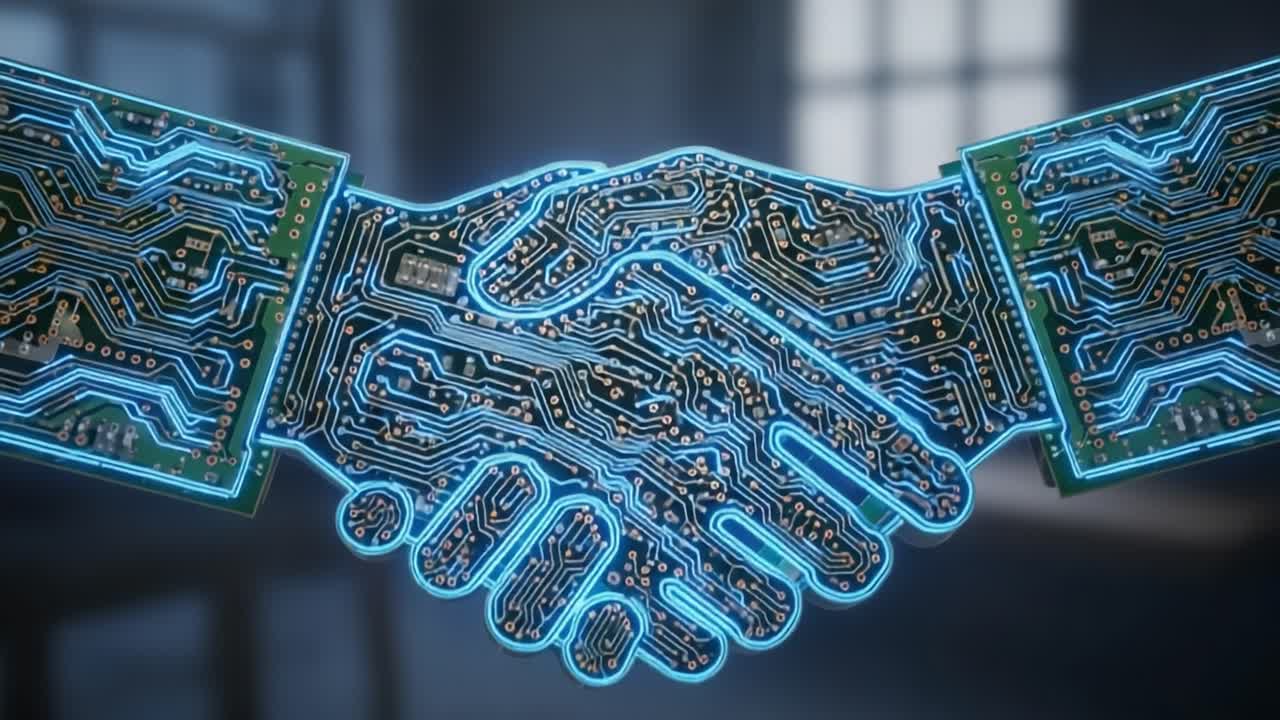 A Digital Handshake Representing the Intersection of Technology and Collaboration, Showcasing Circuit Board Patterns as Symbols of Innovation and Partnership